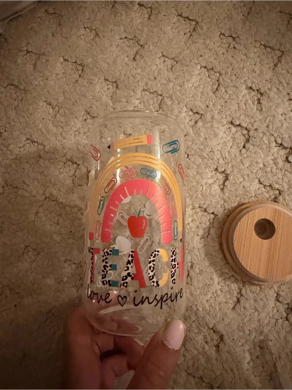 Colorful Teacher-Themed Glass Tumbler with Straw